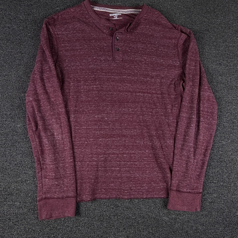 Express Henley Mens L Waffle Knit Burgundy Long Sleeve Button-Down EUC